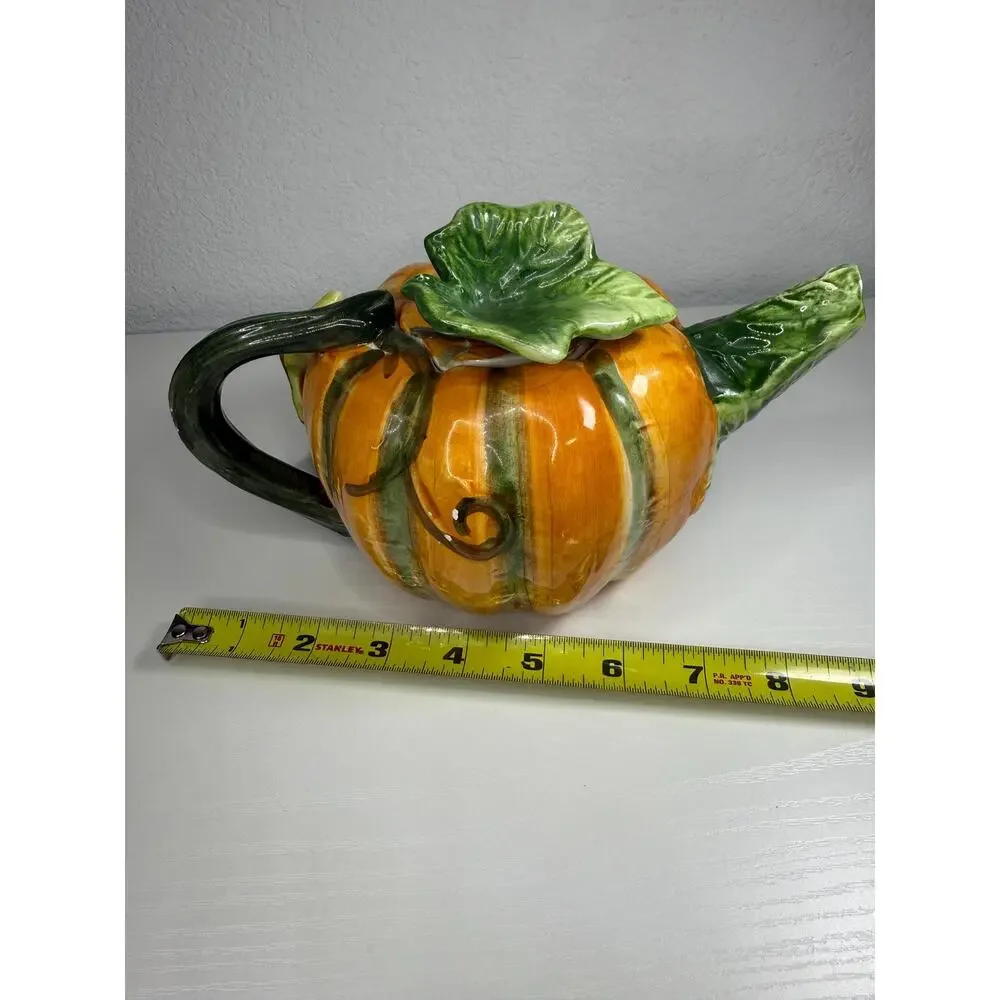 Hand Painted Ceramic Pumpkin Teapot, Vintage Fall Serveware, Orange Green